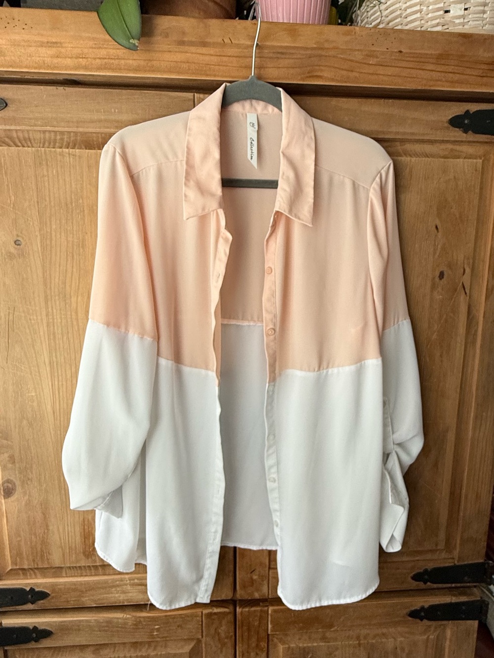 NY Collection Peach and White Two-Tone Button-Down Shirt